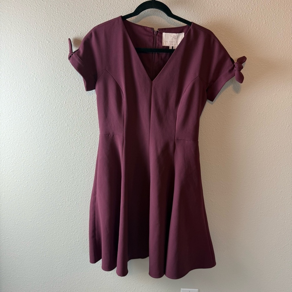 Gal Meets Glam Collection Serena Tie Cuff Fit and Flare Dress Burgundy 4 - Picture 3 of 14
